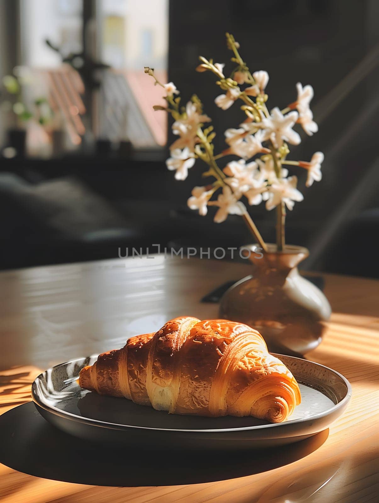 A croissant sits on a plate on a table beside a vase of flowers, creating a picturesque scene. The food, plant, tableware, and flowers blend beautifully together
