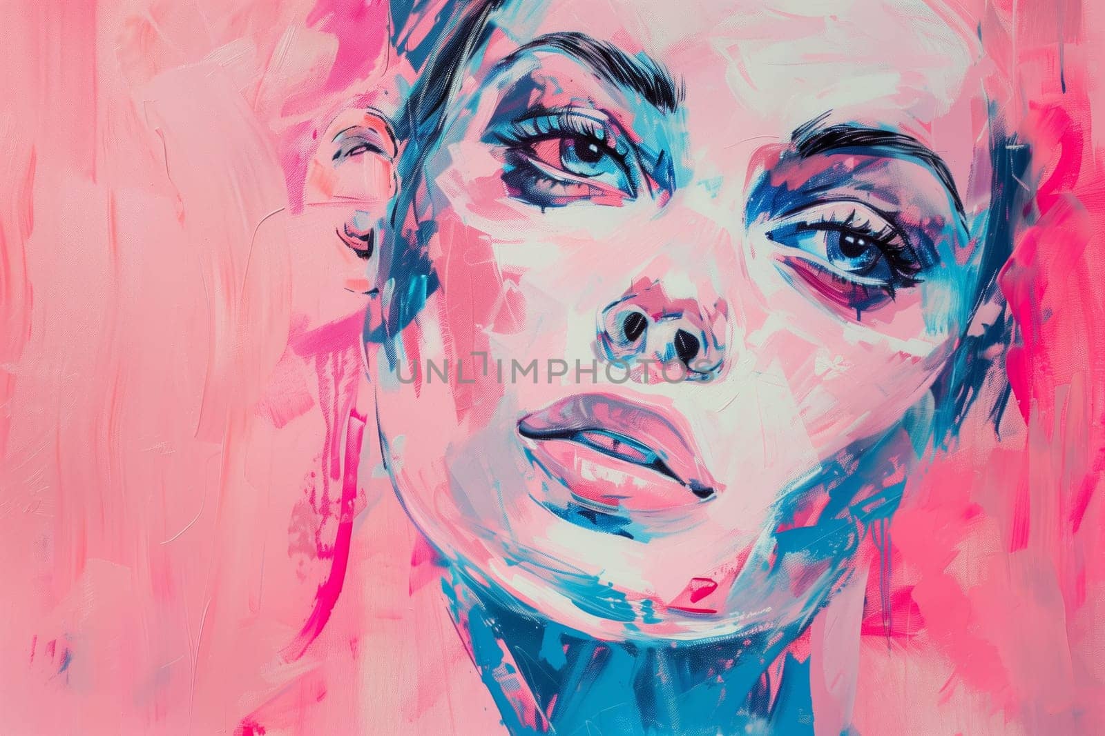 Abstract creative painting of beautiful young woman on pink background, modern art by Rohappy