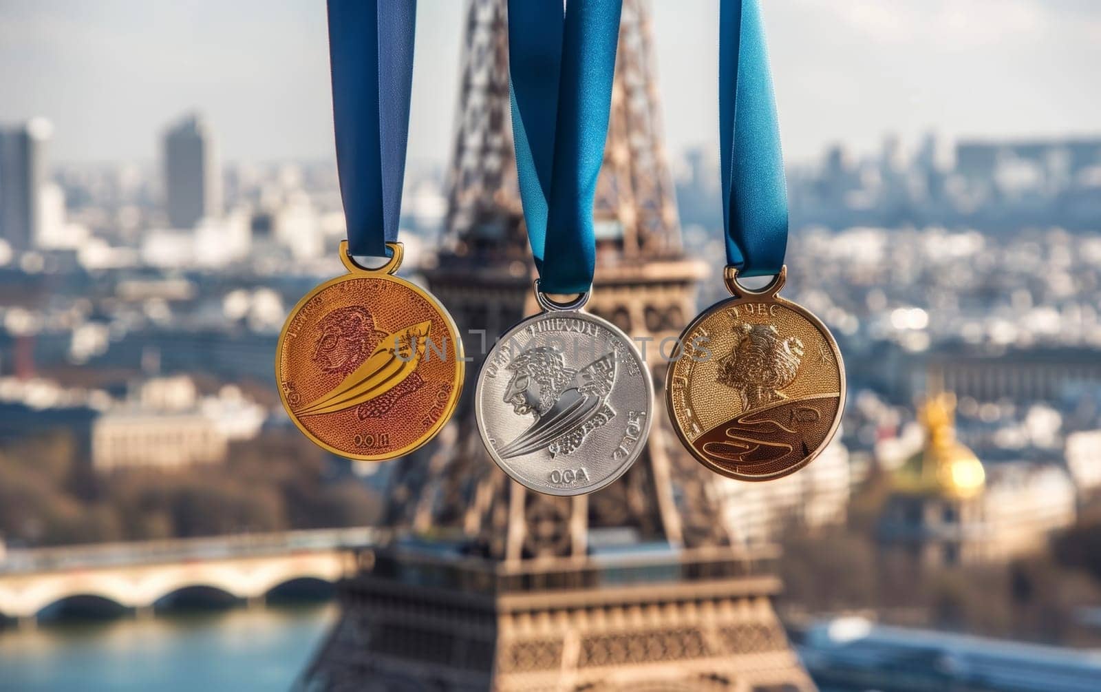 A sharp image of the Paris skyline featuring the Eiffel Tower with a trio of golden medals in the foreground. by sfinks