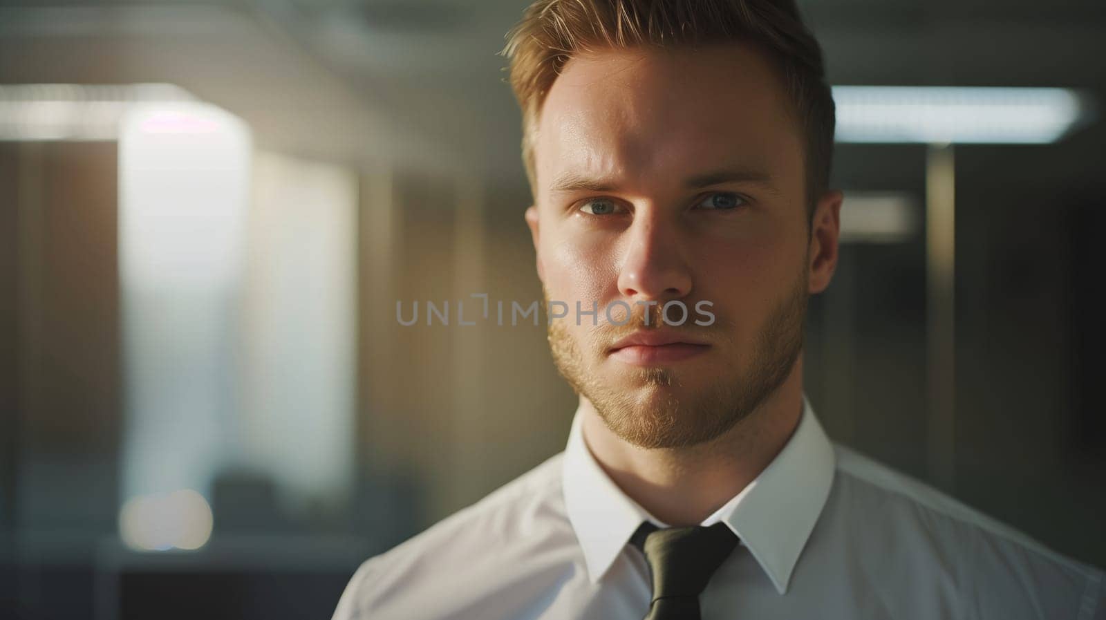 Close up portrait of confident bearded businessman in stress focused on work in office, looking at camera