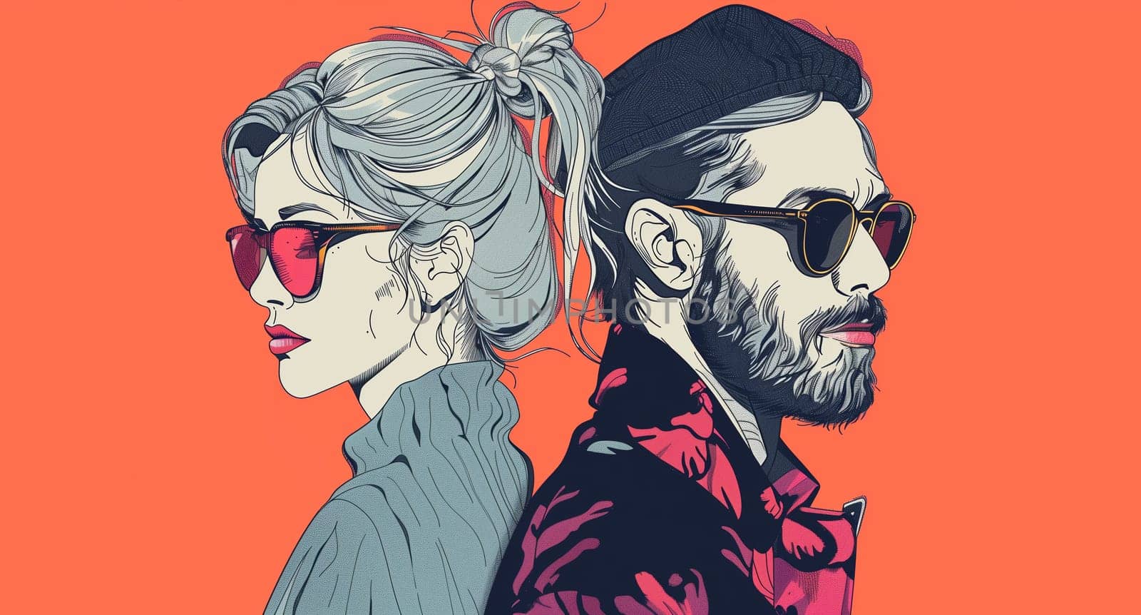 Creative fashionable drawing of stylish beautiful young couple, woman and man posing in glasses on orange background, modern art