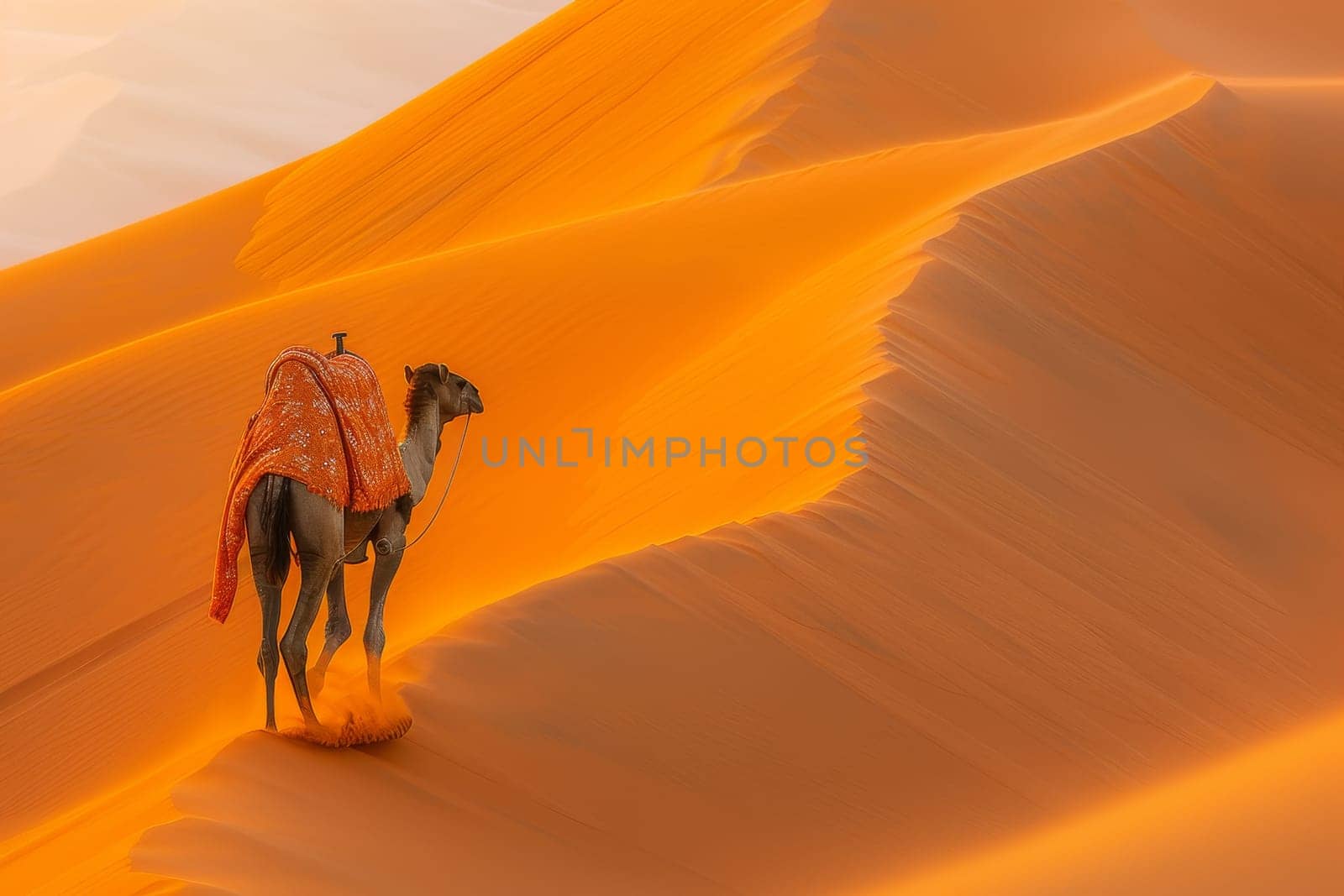 A camel is walking across a sandy desert with a red blanket on its back. The scene is peaceful and serene, with the camel being the only living creature in the vast expanse of sand