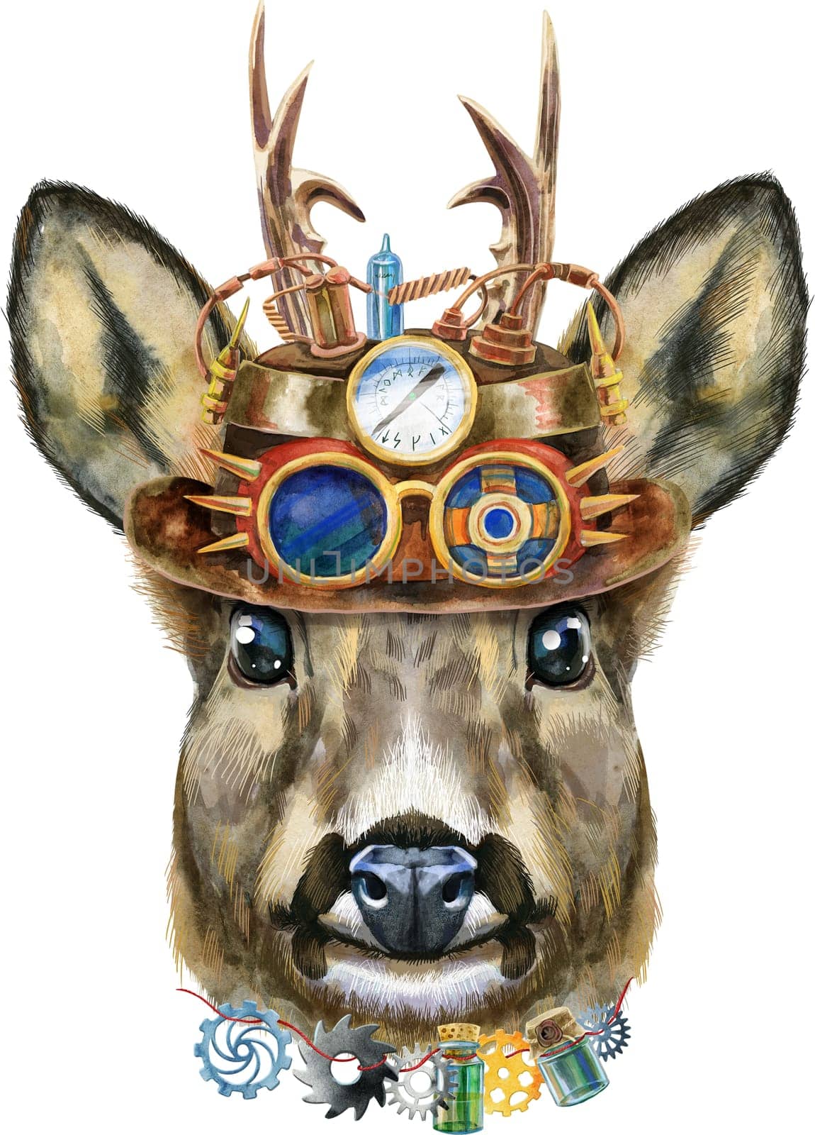Watercolor drawing of the animal - roe deer in steampunk hat with glasses