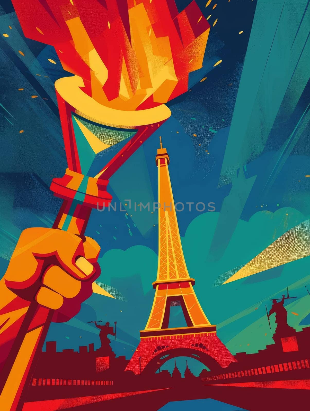 A graphic illustration captures the torch being held aloft in front of the Eiffel Tower, evoking a sense of triumph and celebration at dusk. by sfinks