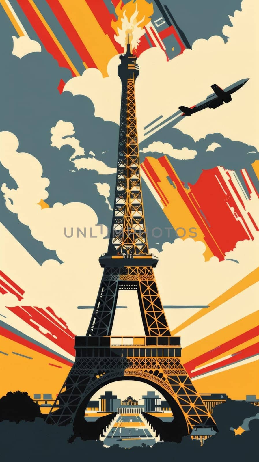 Stylized graphic of the Eiffel Tower, with a retro feel, featuring bold stripes and a dynamic backdrop of clouds and airplanes. by sfinks