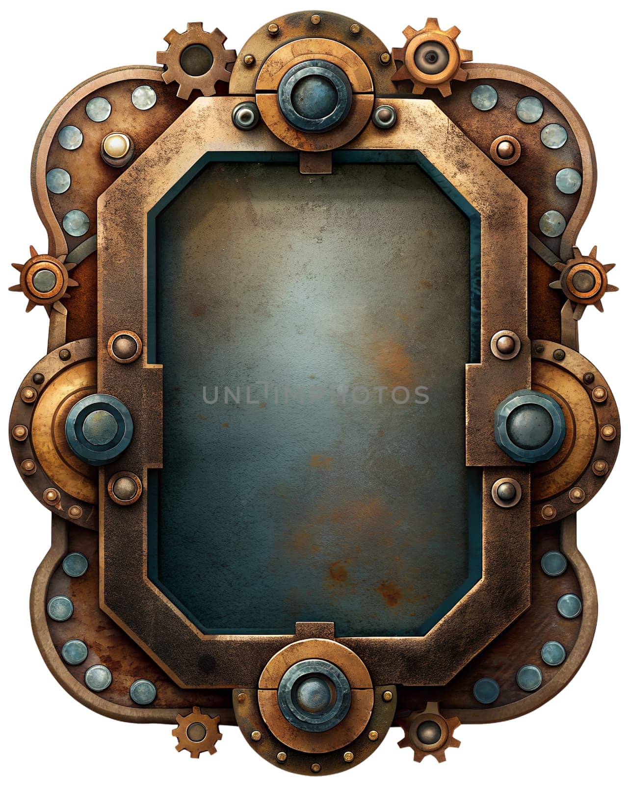 Vintage vertical frame steampunk with rusty pipes and gears,on white background. AI generated. Illustration