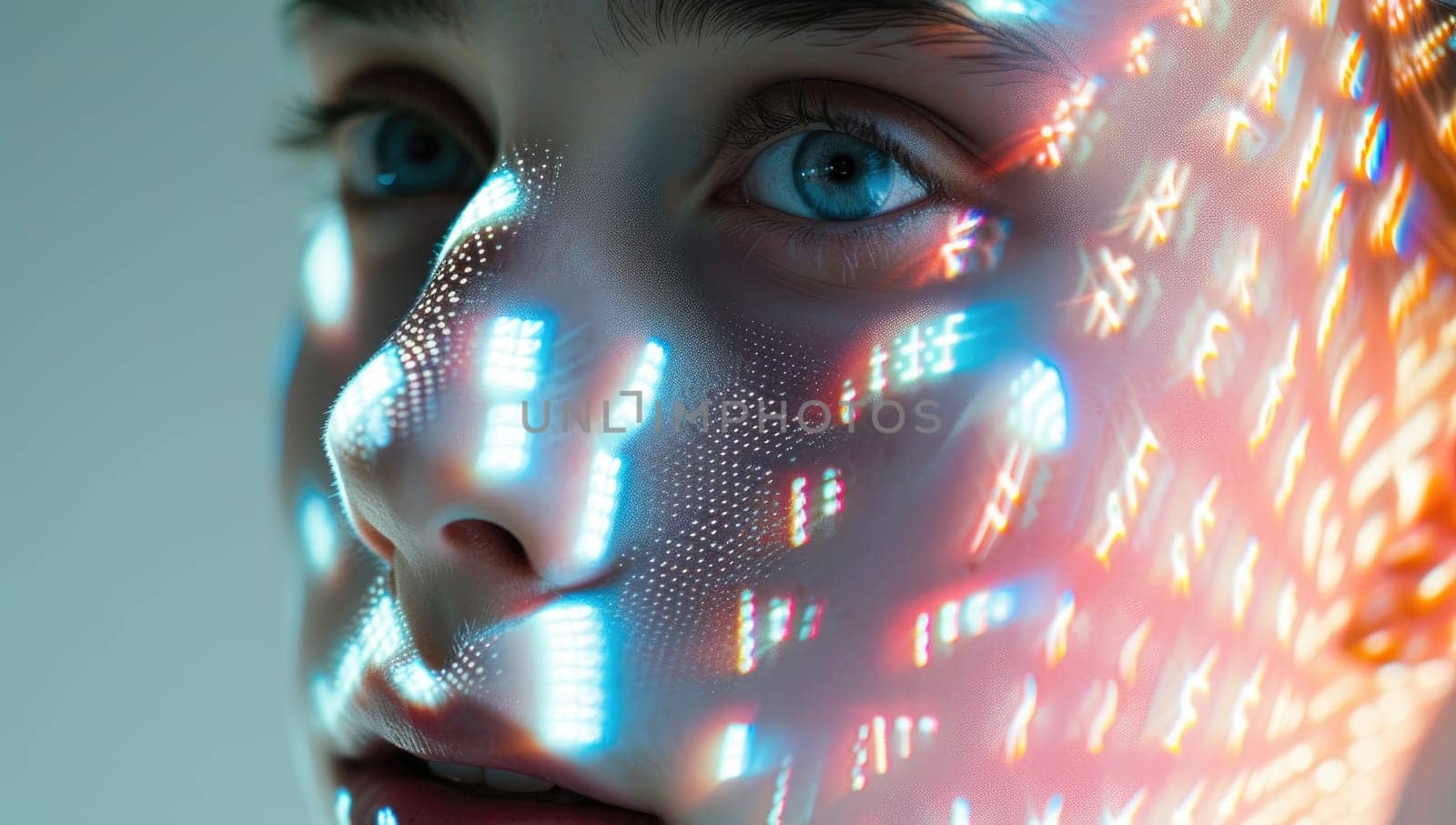 Young woman with neon light patterns on face
