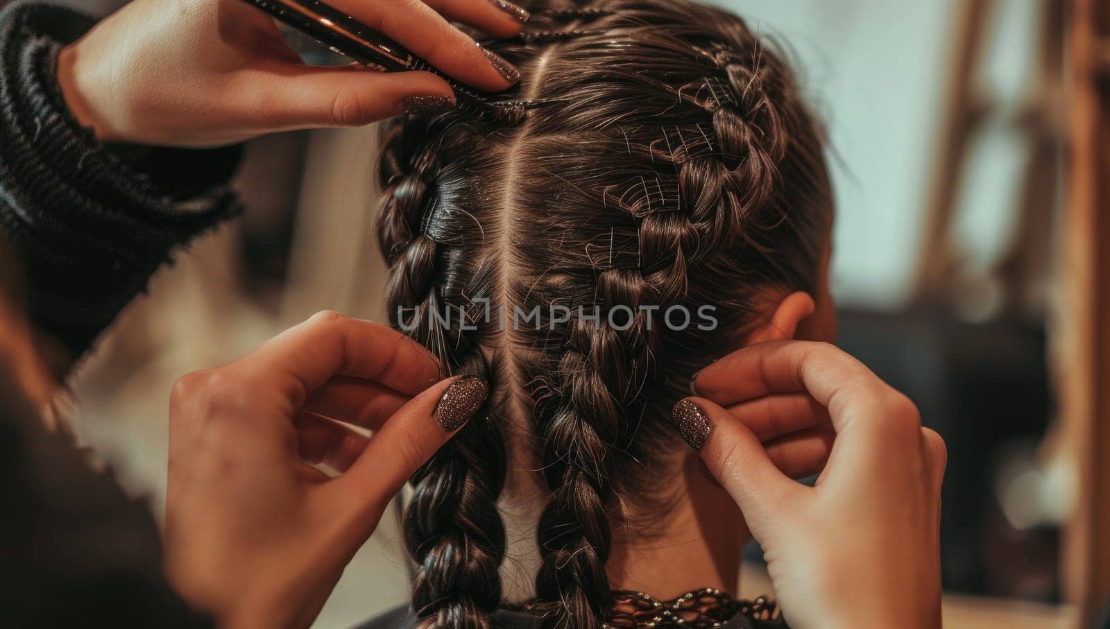 Stylist skillfully braiding hair in beauty salon