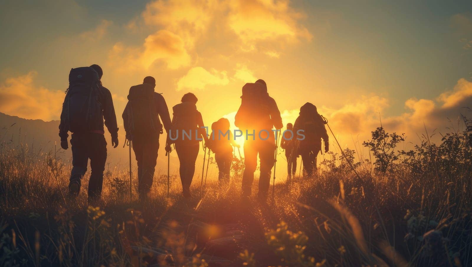 Group of hikers with backpacks are hiking in the mountains at sunset.