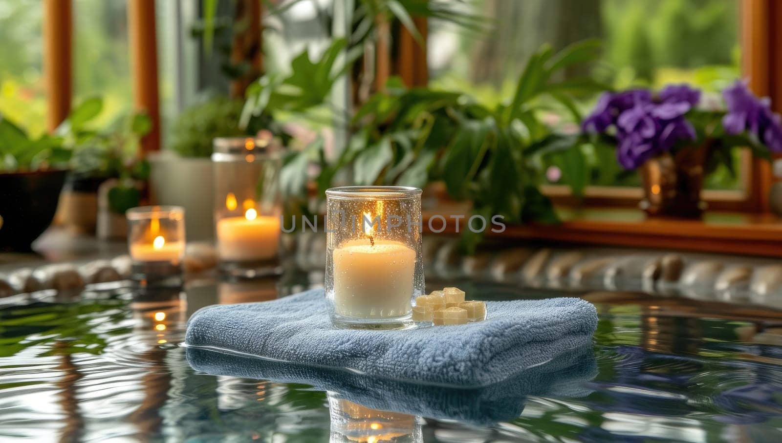 Burning candles in glass with towel on table in spa salon,
