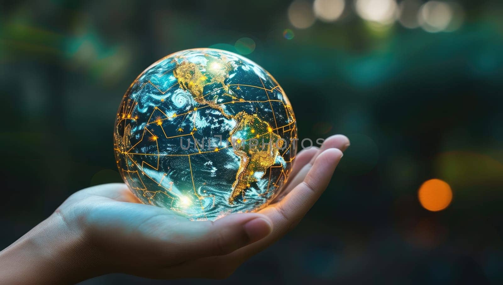 Hand holding illuminated Earth globe against bokeh background