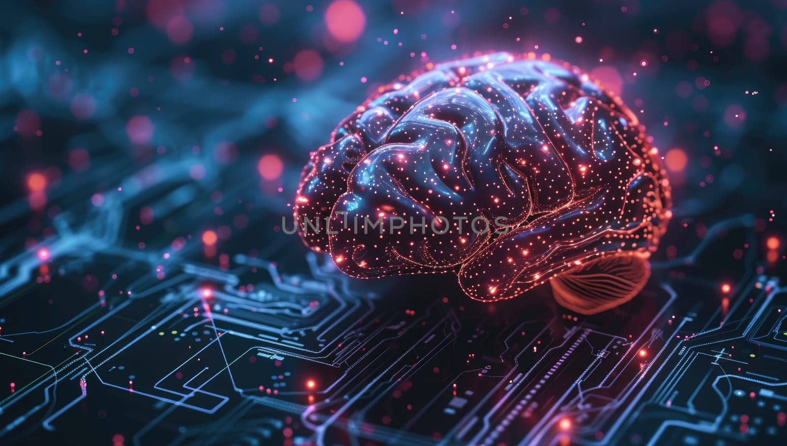 3d rendering of human brain on circuit board background. Artificial intelligence concept