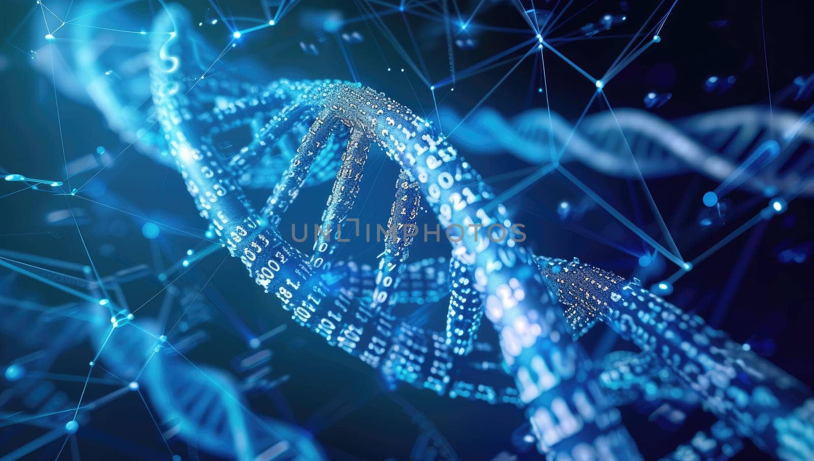 Illuminated DNA strand intertwined with binary code