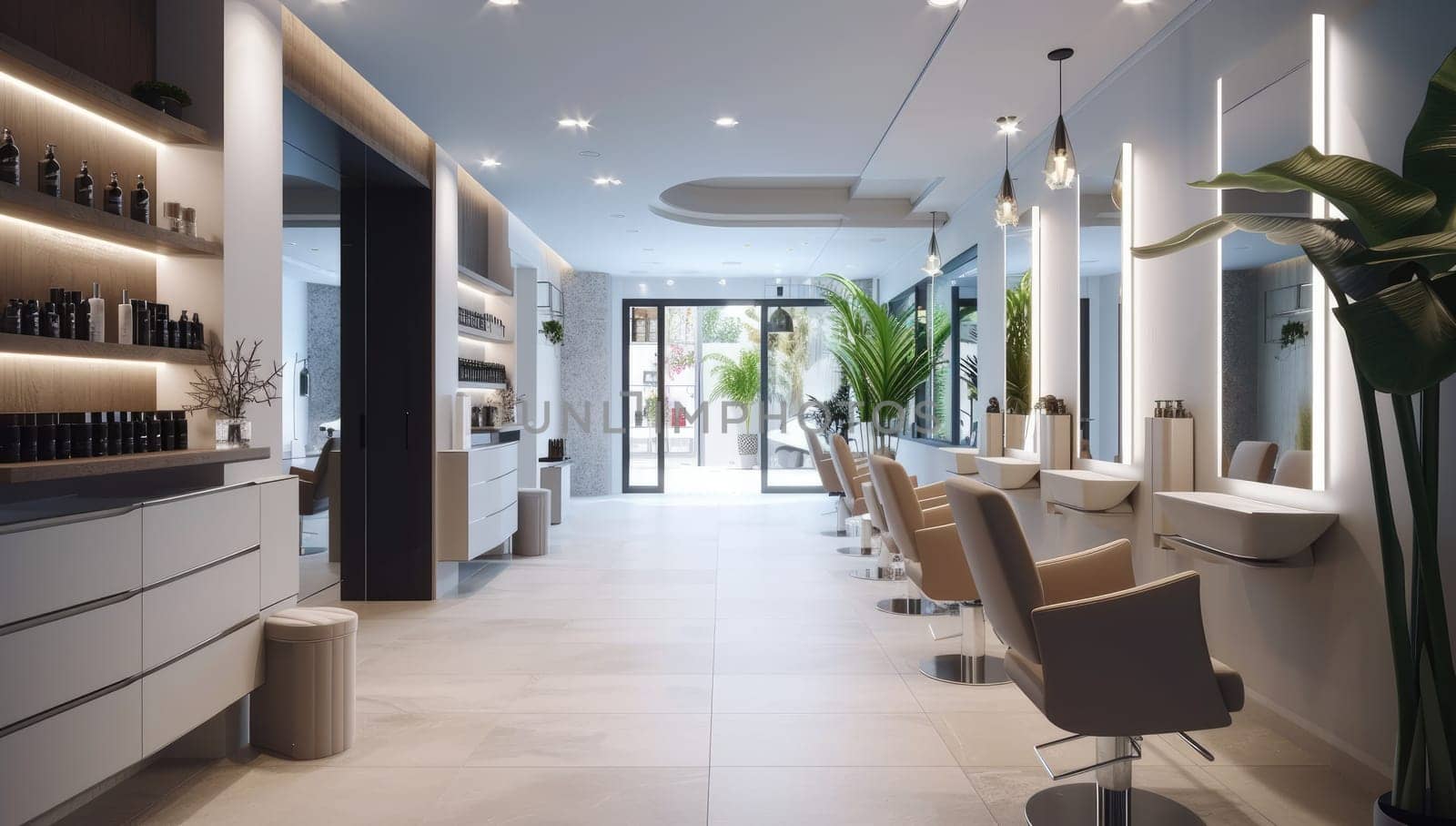Modern barbershop interior with elegant furniture and lighting