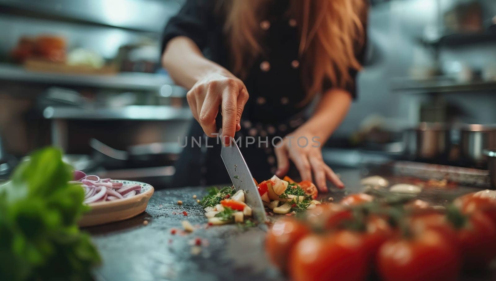 Woman preparing fresh salad in modern kitchen