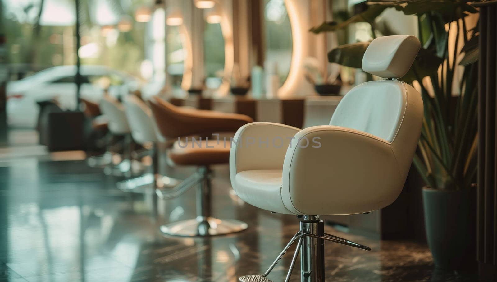 Modern white barber chairs in a well lit salon by ailike