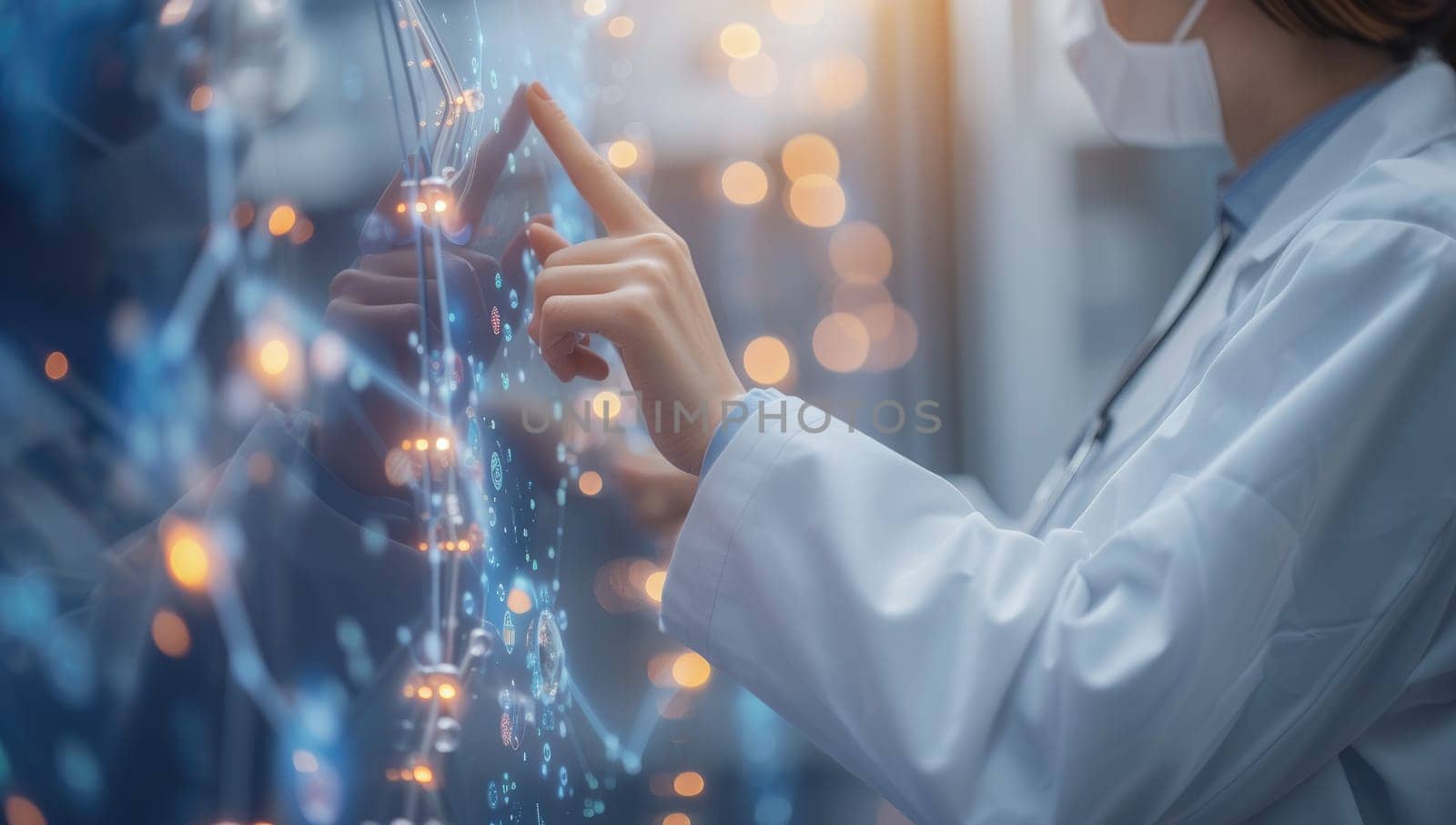 Close-up of female scientist working with futuristic interface in laboratory.