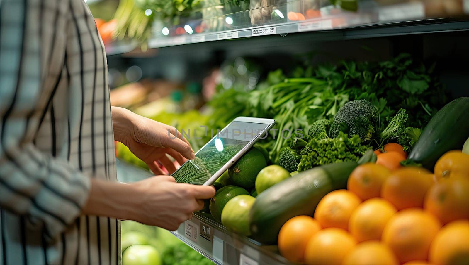 Woman comparing prices on phone in grocery store