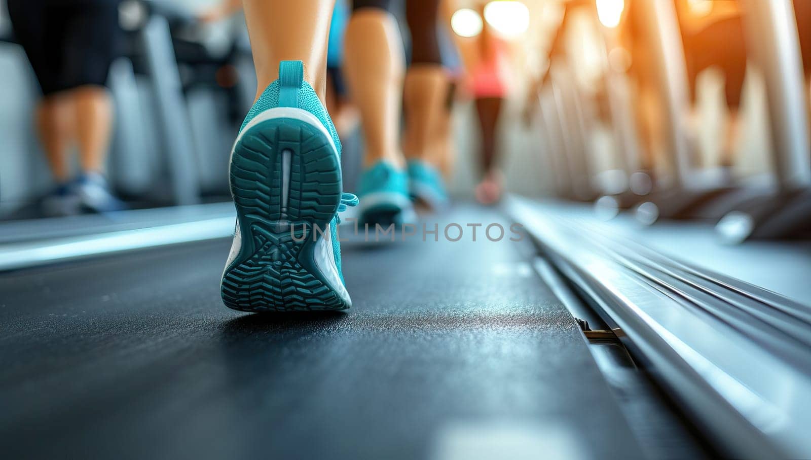 Fitness woman running on treadmill in gym. Close up of female legs.