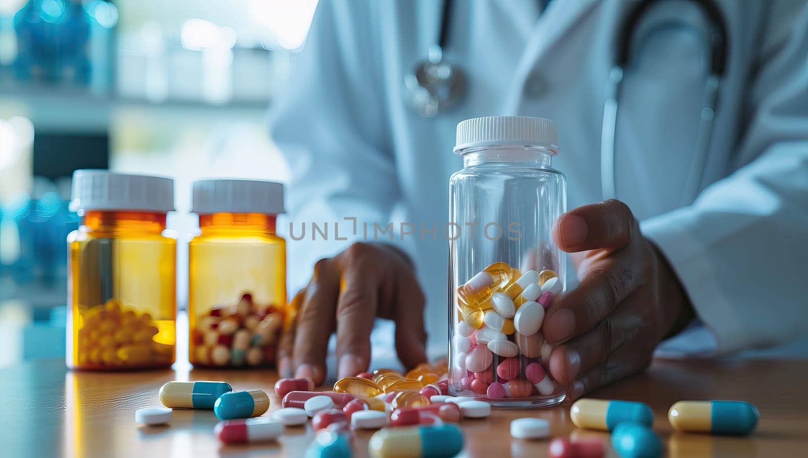 Close up of doctor holding a bottle of pills and capsules.