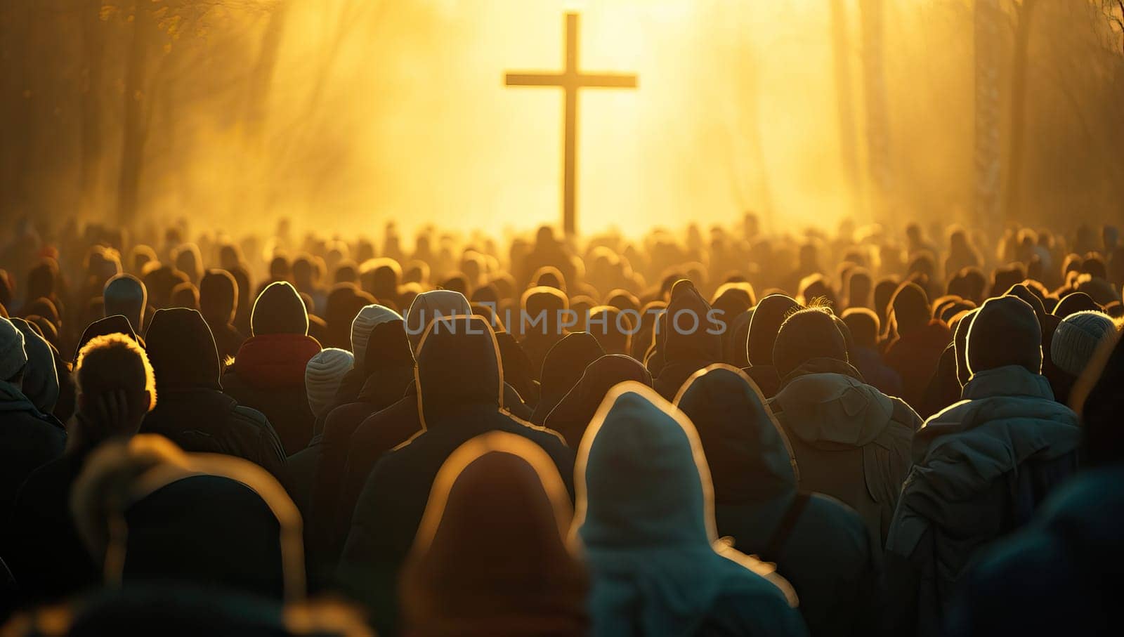 crowd of people in front of a christian cross in the fog