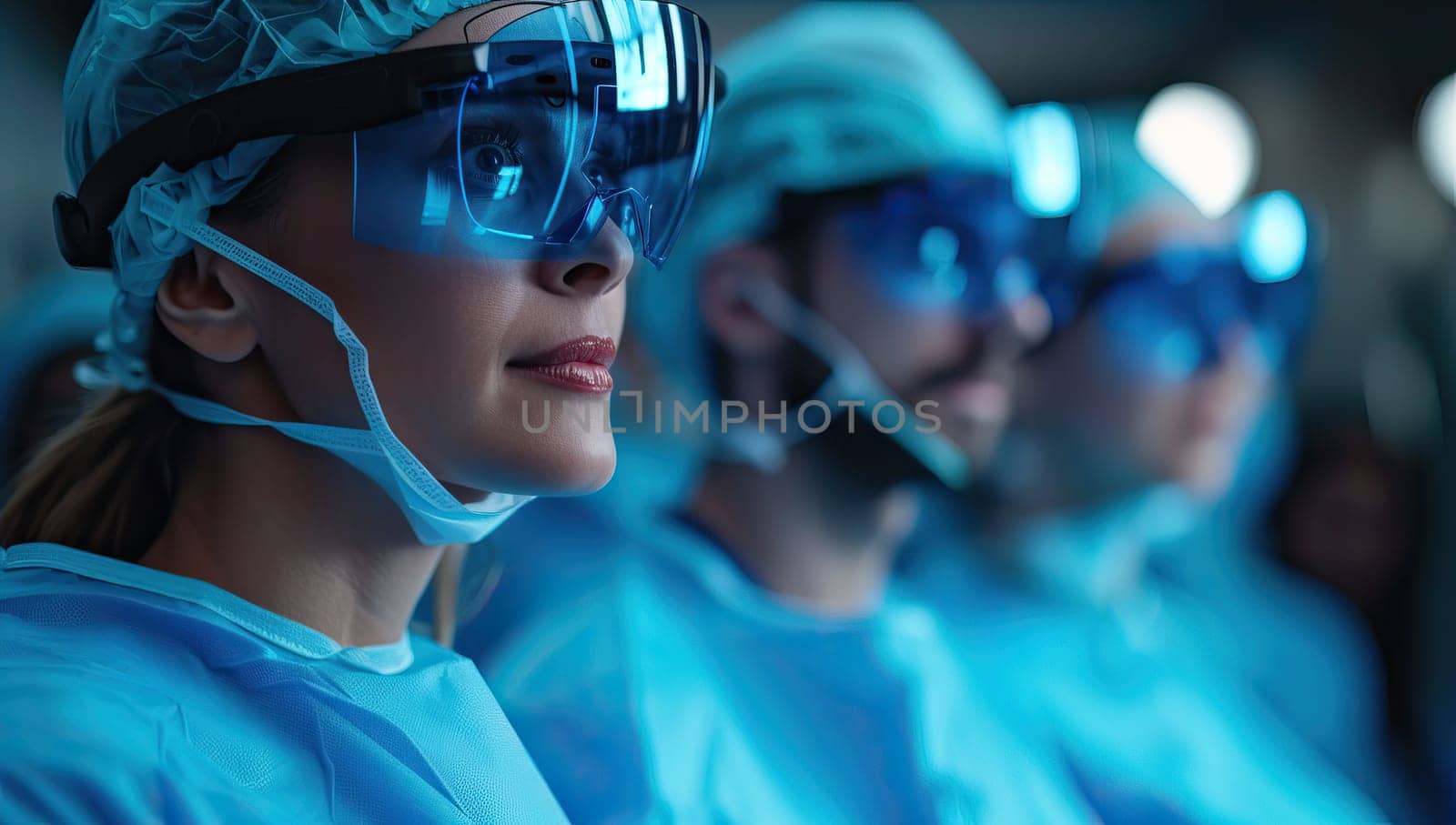 group of surgeons at work in operating theater toned in blue.