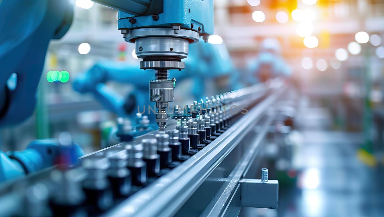 Robotic arm assembling products on industrial conveyor belt