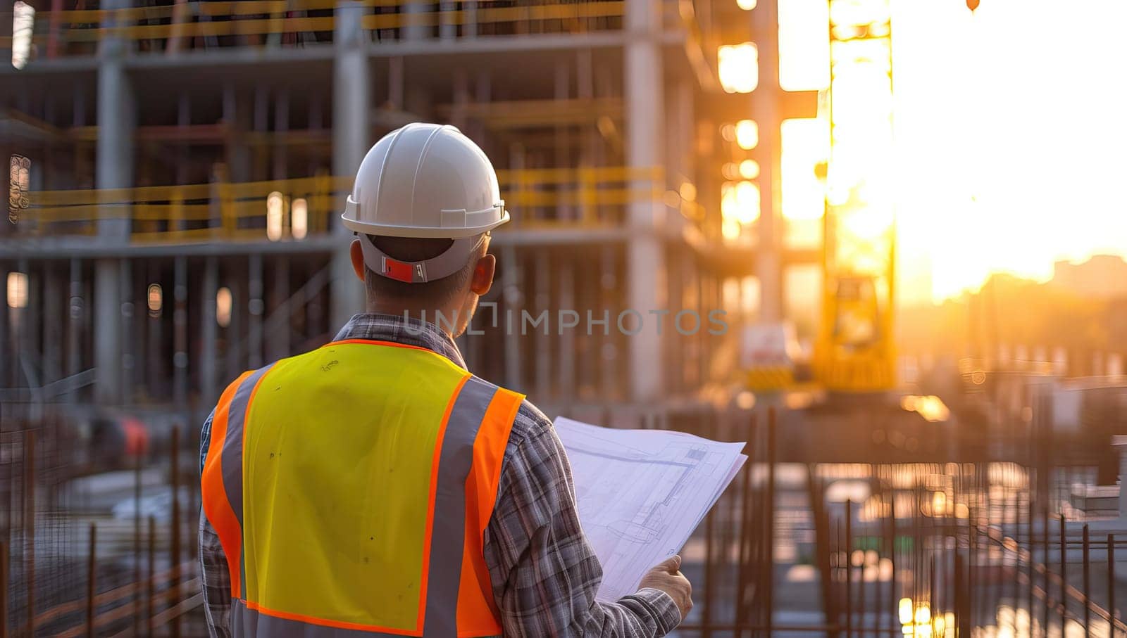 Engineer reviewing blueprint at construction site during sunset