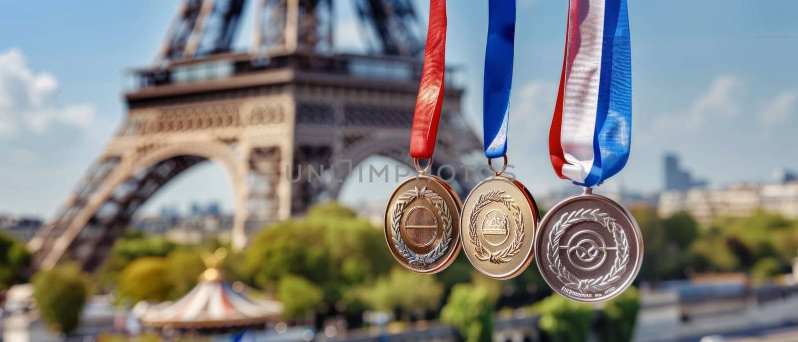 Sunlight catches on a series of medals against the Paris skyline, with the Eiffel Tower standing majestic in the background