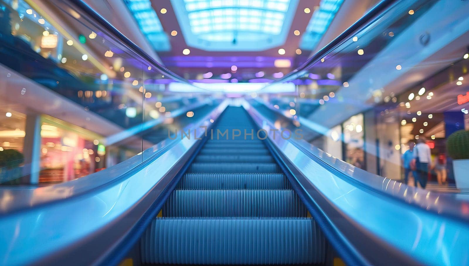 Escalator leading upwards in colorful shopping mall by ailike