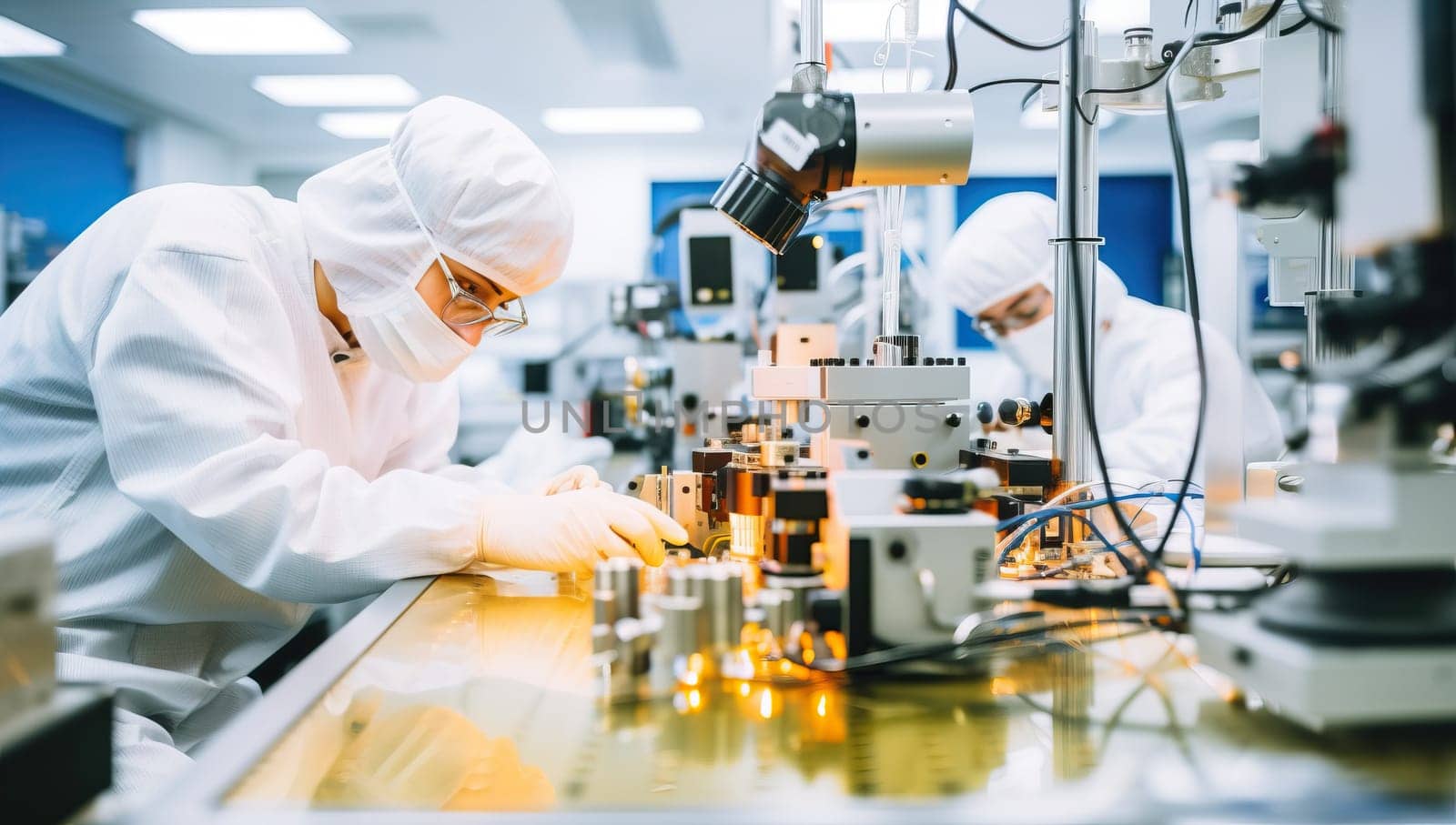 scientist in white suit and glasses working with high technology in laboratory
