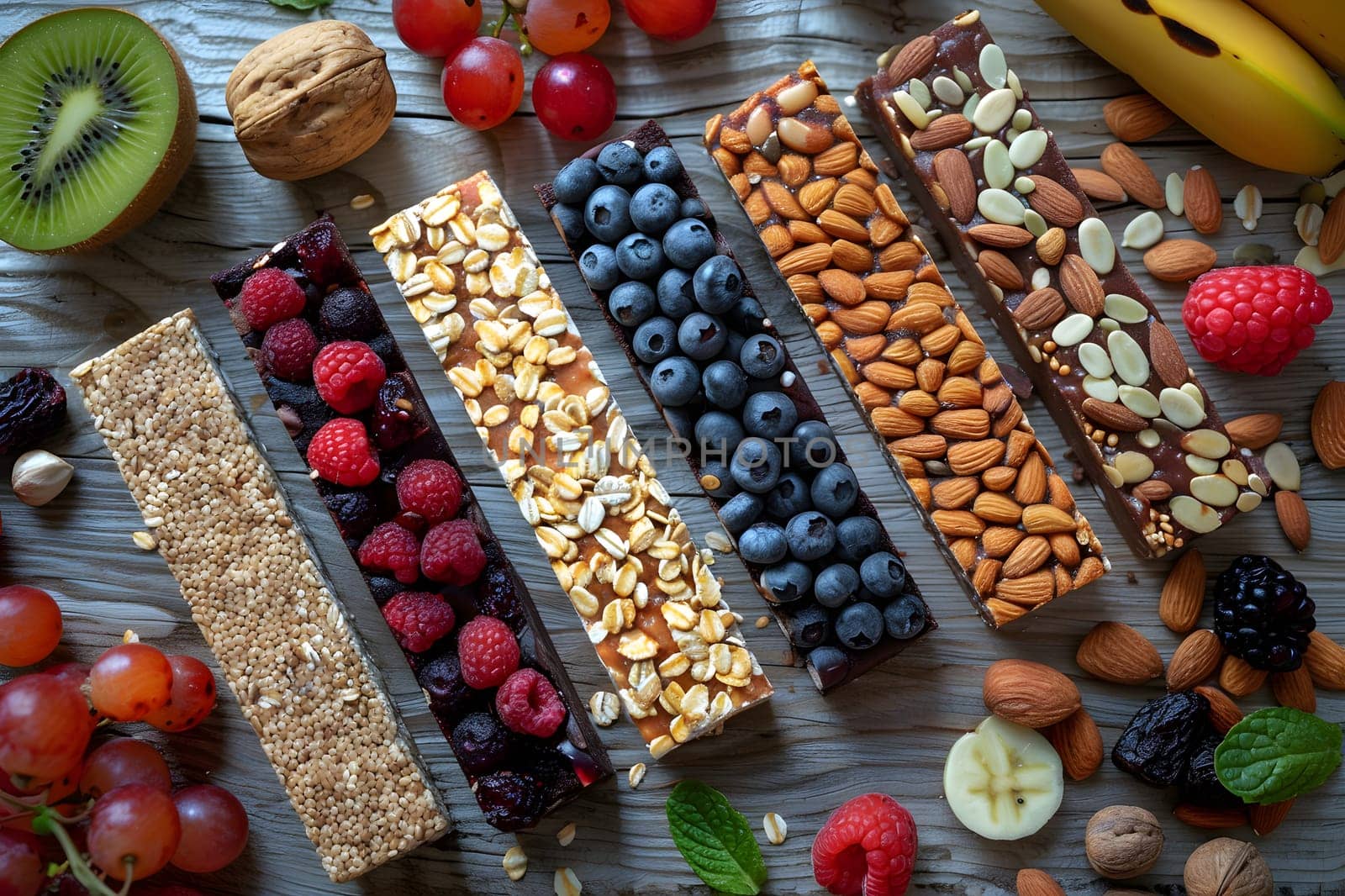 An assortment of granola bars made with a variety of fruits and nuts displayed on a rustic wooden table. Perfect for a nutritious snack or onthego meal