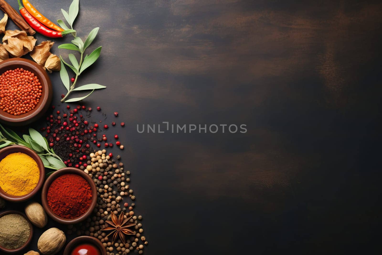 Variety of spices and herbs on dark wooden background