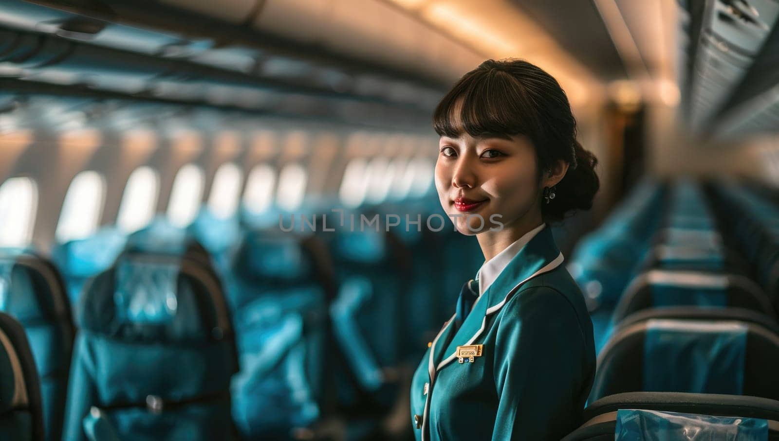 Young asian stewardess in the cabin of an airplane.