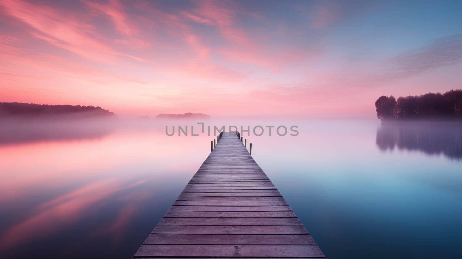 Wooden pier extending into a serene misty lake under a colorful sunrise sky