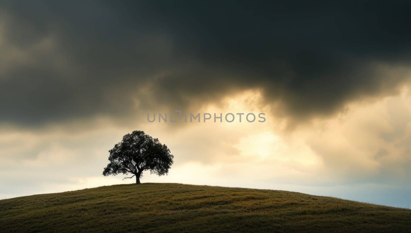Lone tree on a hill under a stormy sky