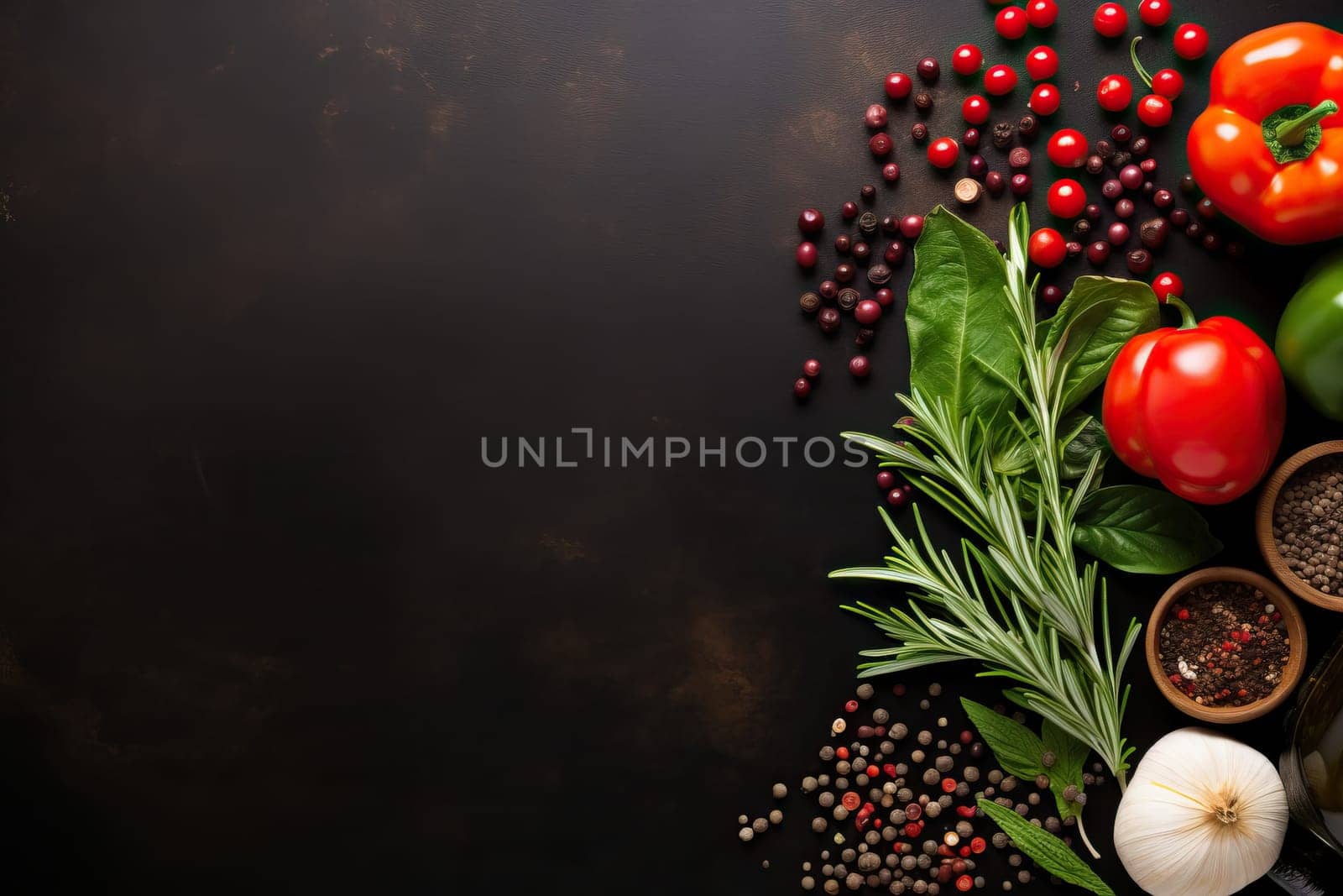 Fresh herbs and spices with vegetables on dark background