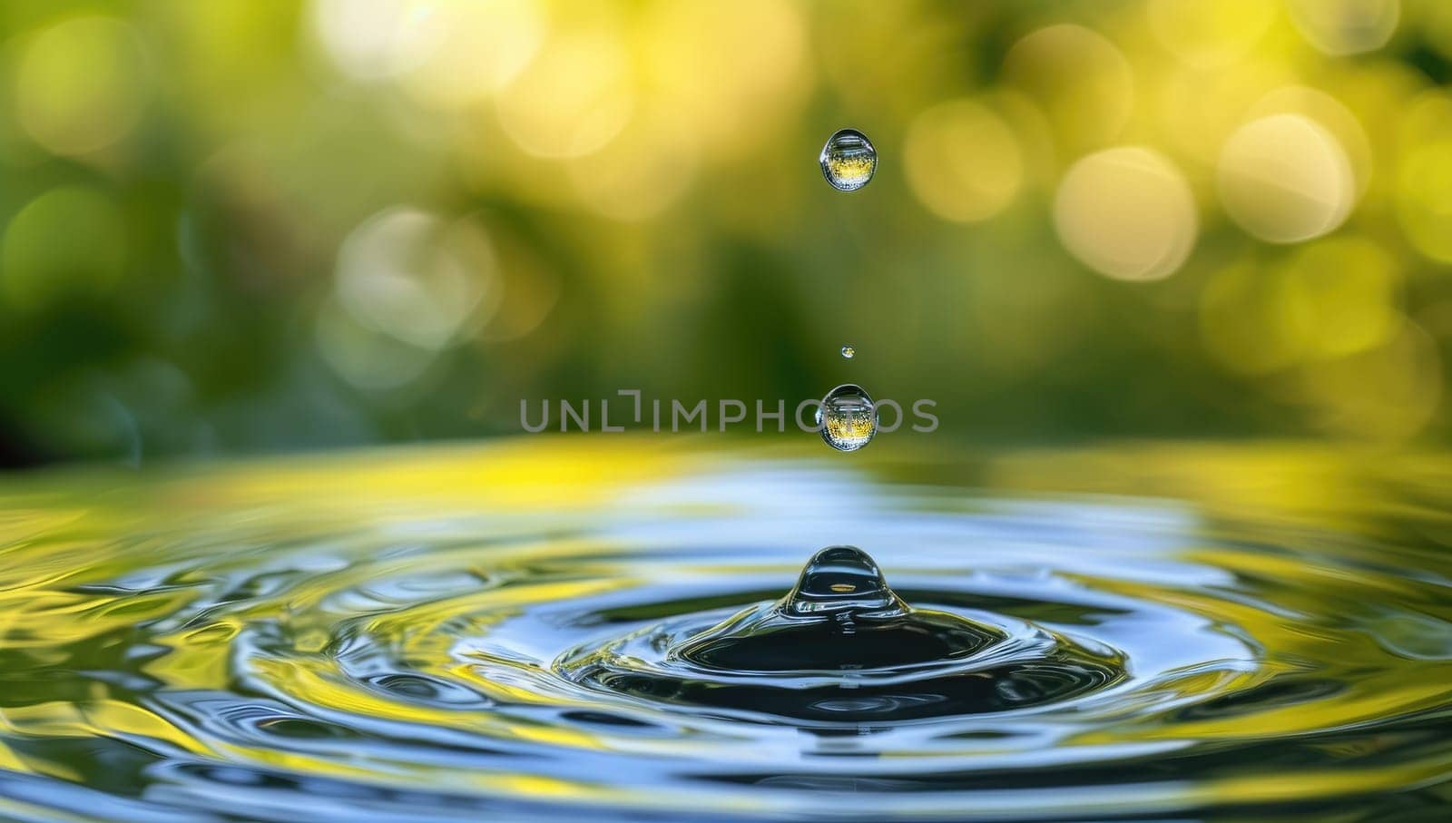 Water droplets creating ripples on green bokeh background