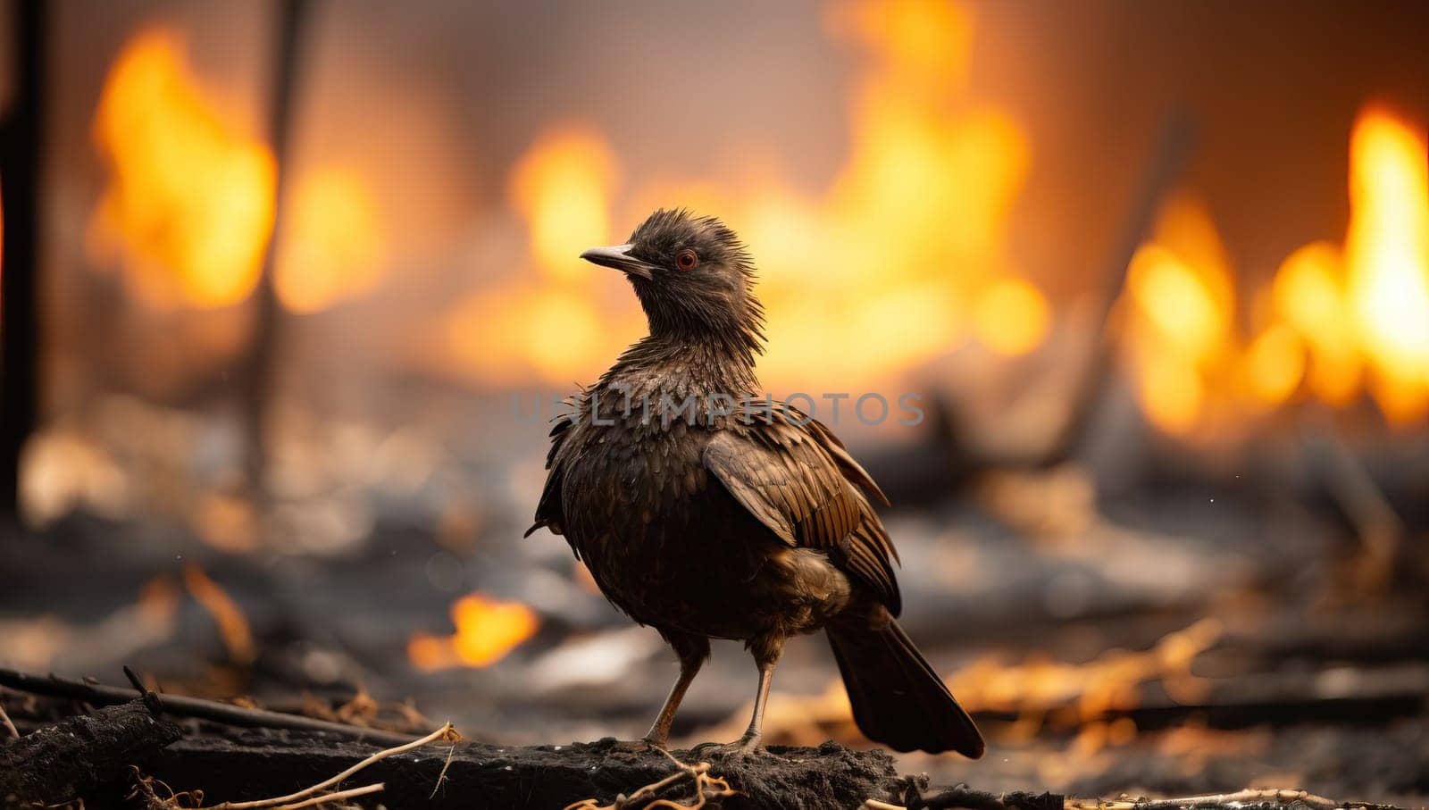 Bird standing amidst wildfire aftermath