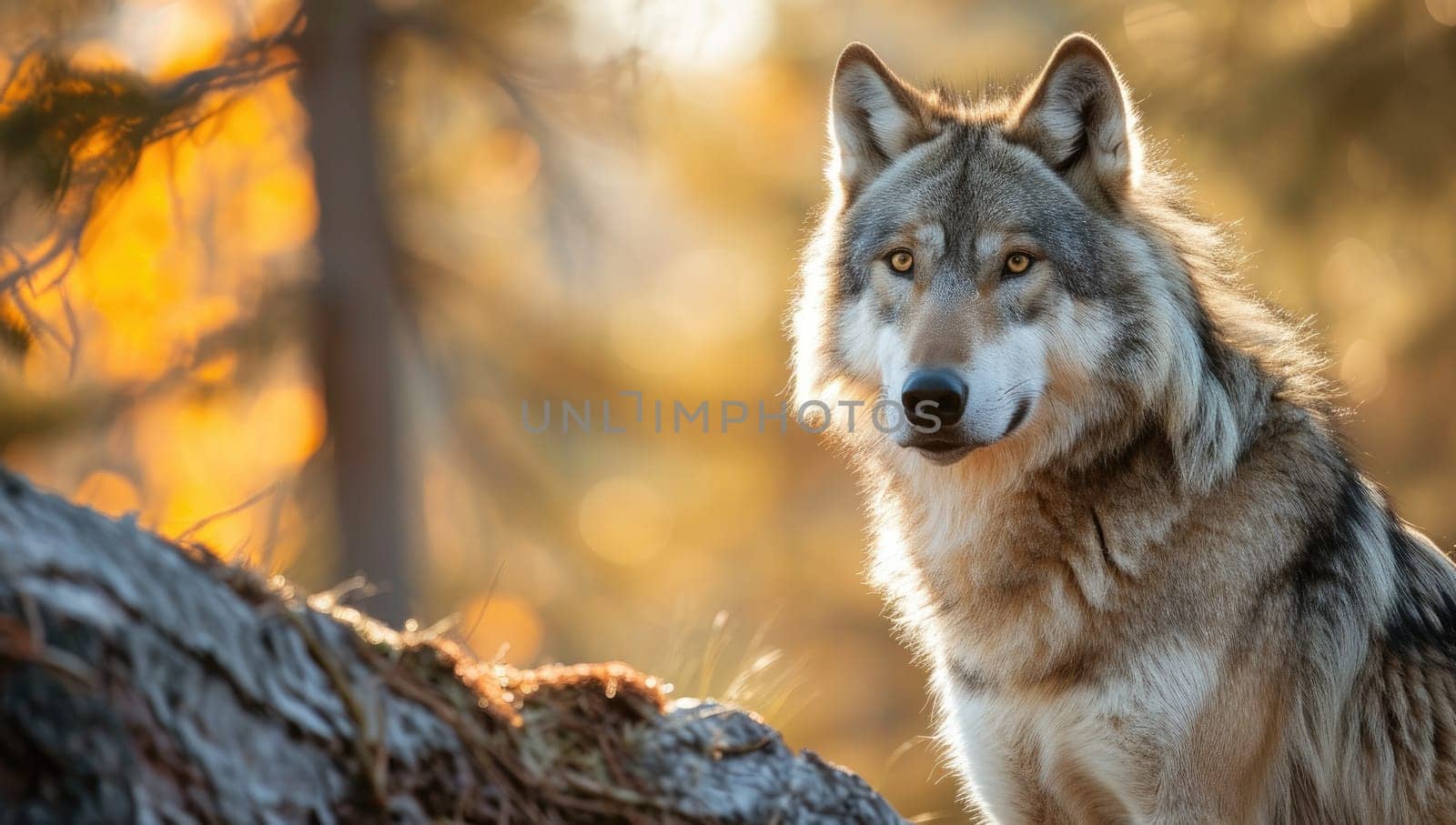 Intense gray wolf in autumn forest