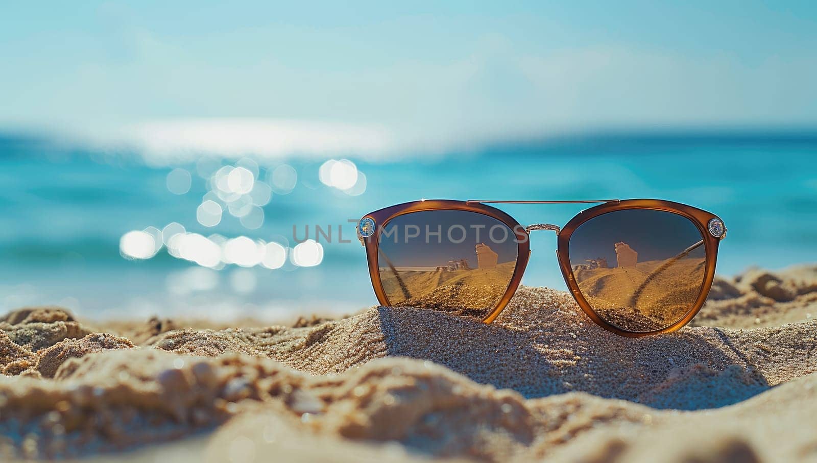 Sunglasses resting on sandy beach with ocean backdrop by ailike