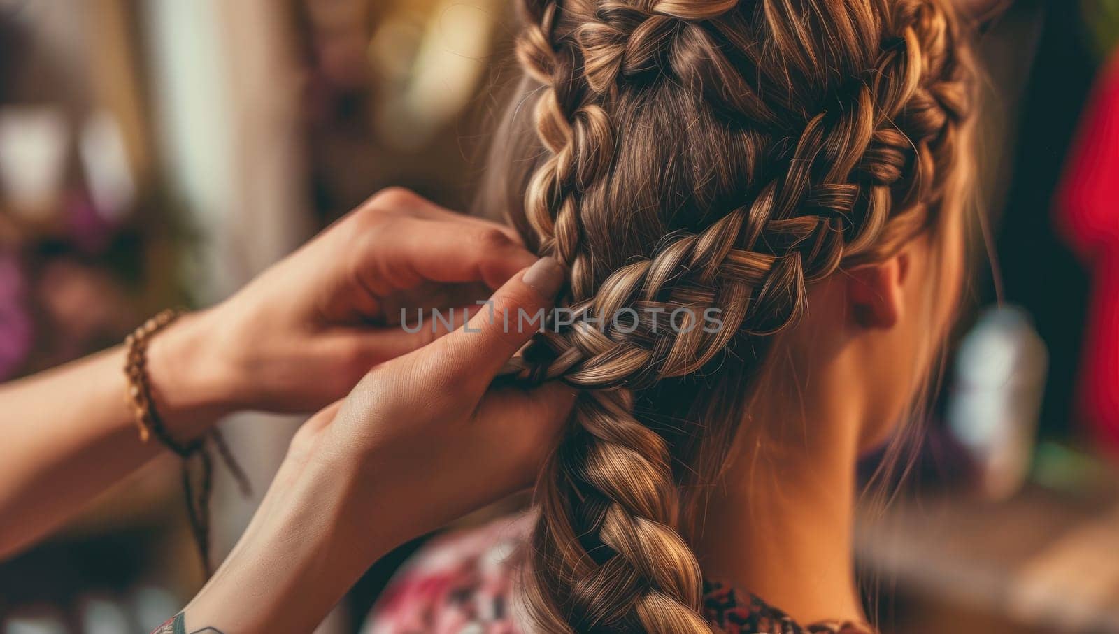 Professional stylist braiding woman’s hair in salon by ailike