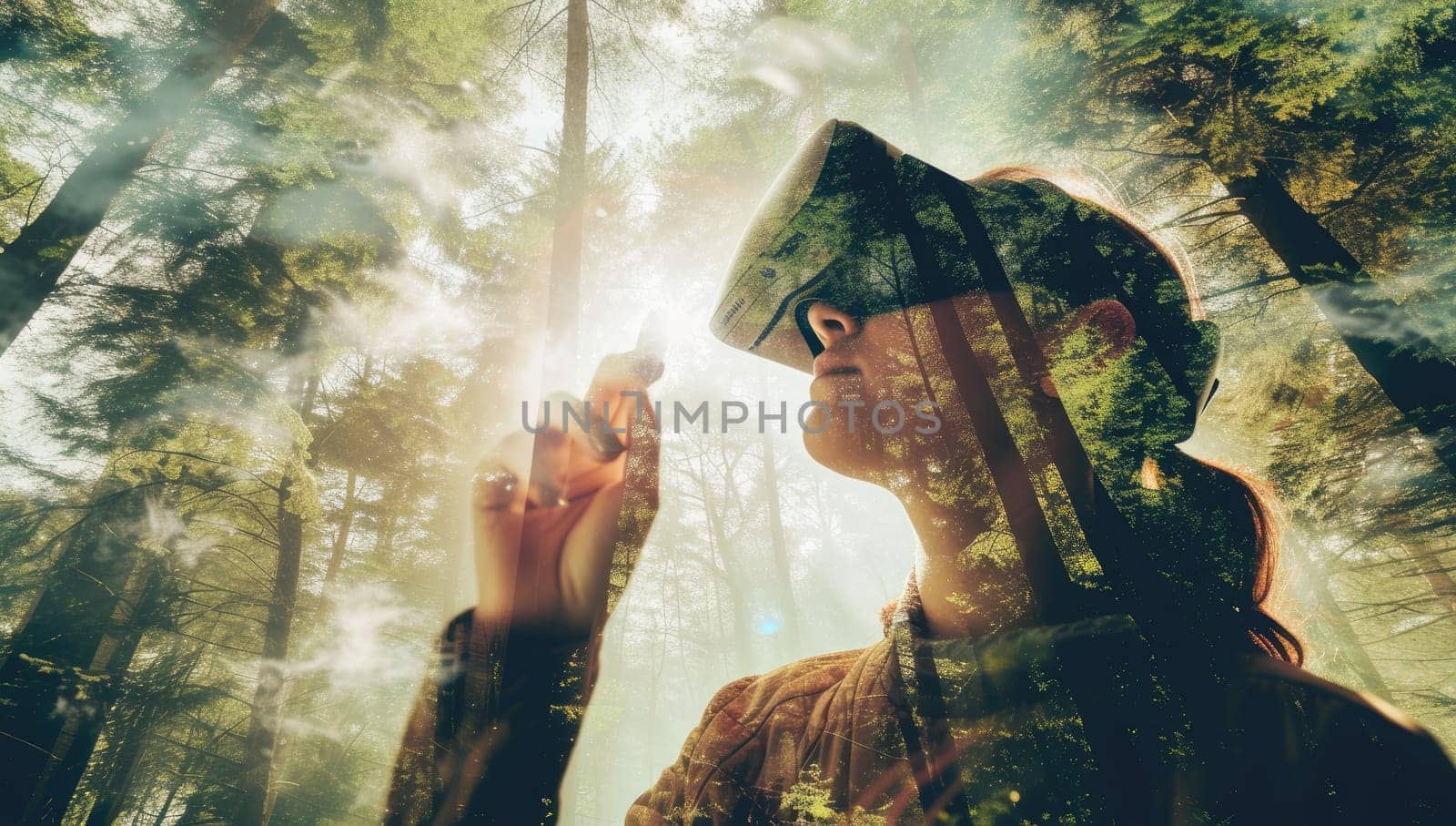 Double exposure of a woman in a pine forest