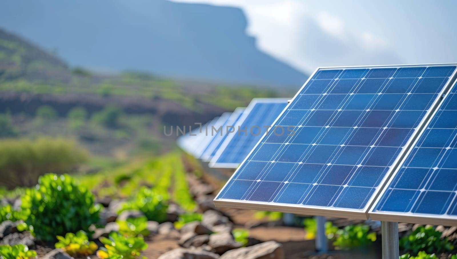 Solar panels generating power in a field with mountains in the background