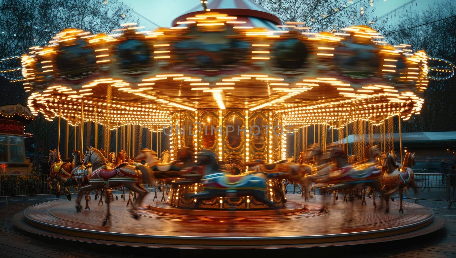 Illuminated merry go round carousel spinning at night