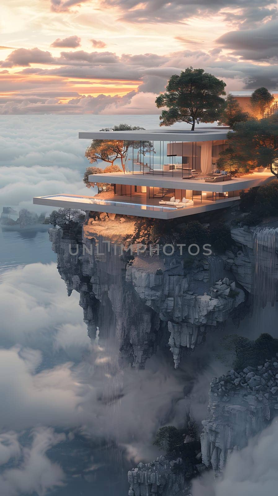 a house is sitting on top of a cliff overlooking the ocean by Nadtochiy