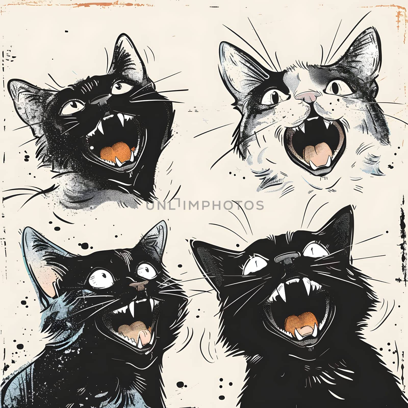 A painting of four black cats, members of the Felidae family. The carnivorous mammals are depicted with their mouths open, showcasing their whiskers and vertebrate features