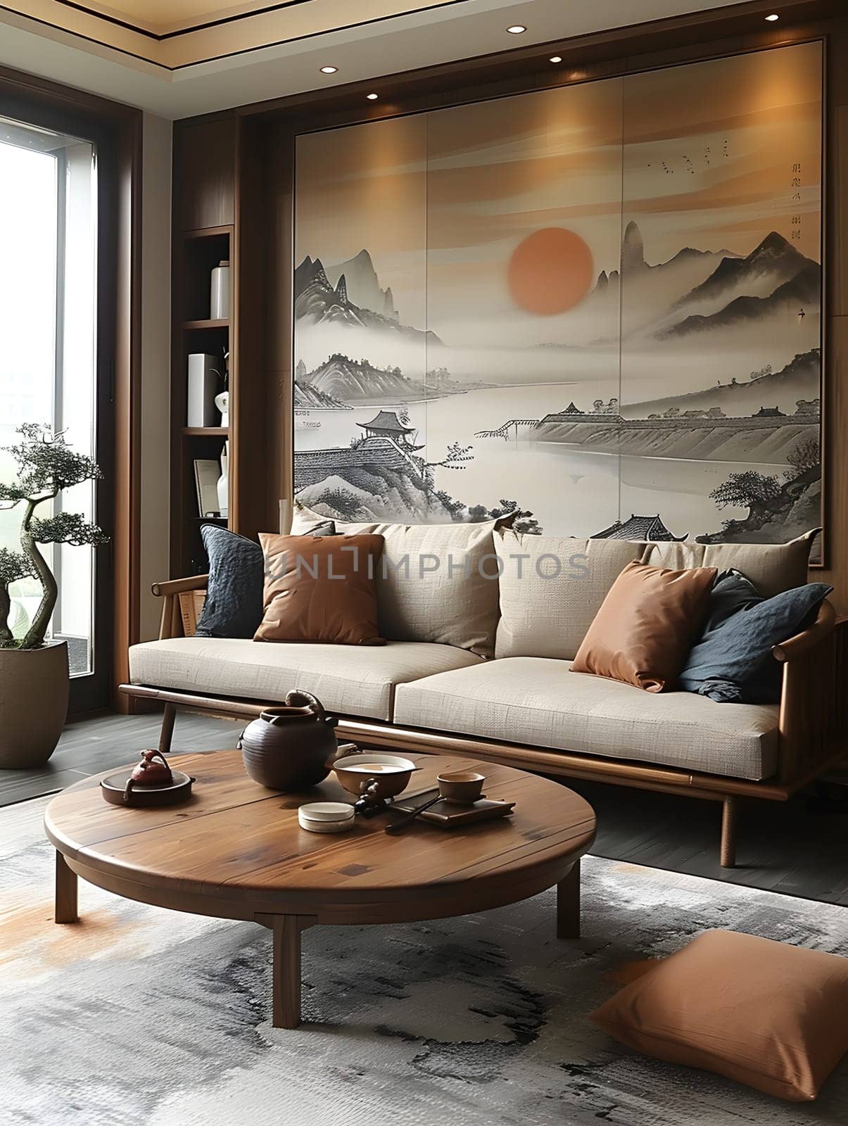 A cozy living room with comfortable furniture like a couch and coffee table, accentuated by a painting on the wall. The interior design features wood elements and a warm ambiance