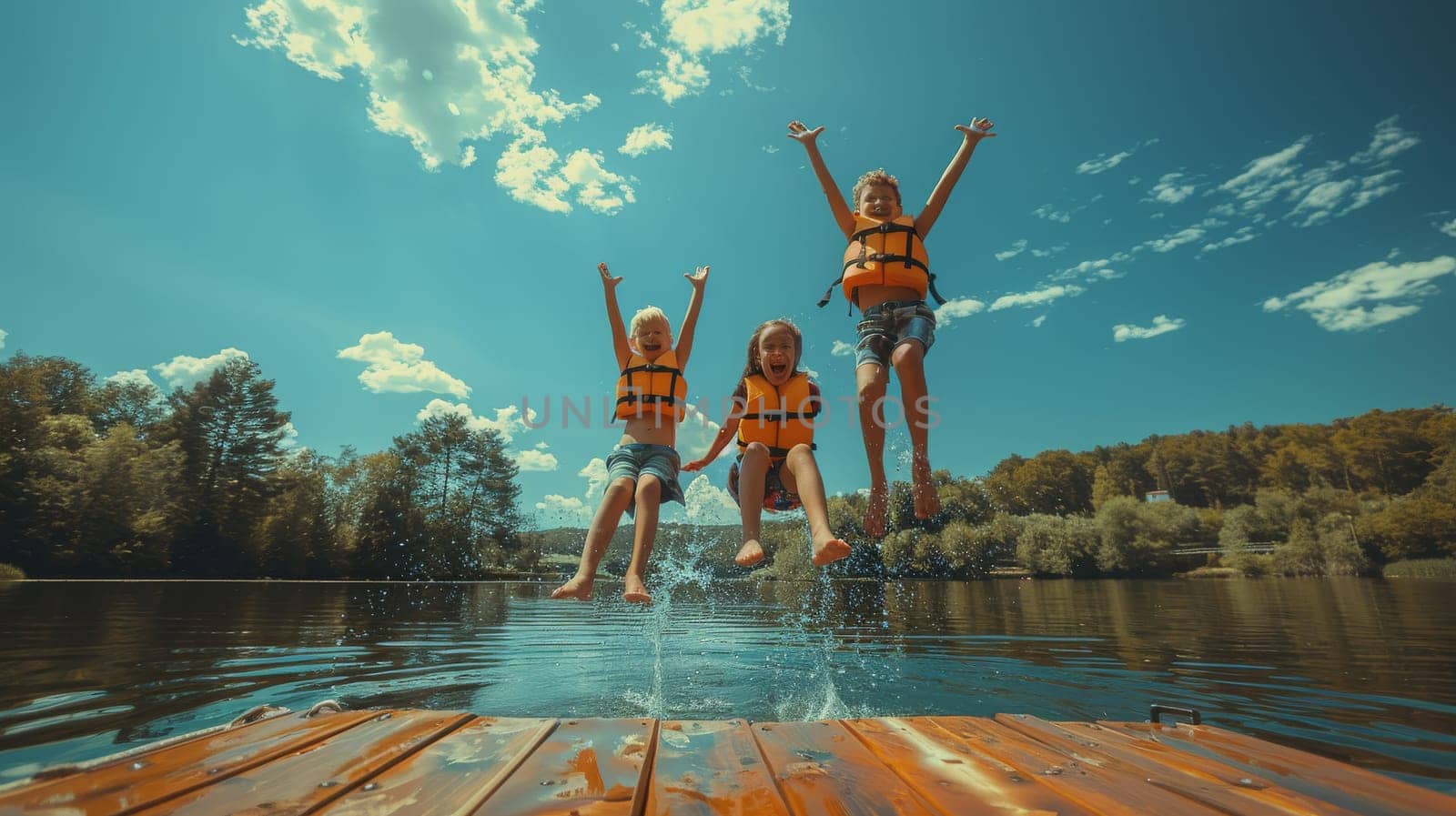 Three children are jumping into a lake on a dock. They are wearing life jackets and are having fun
