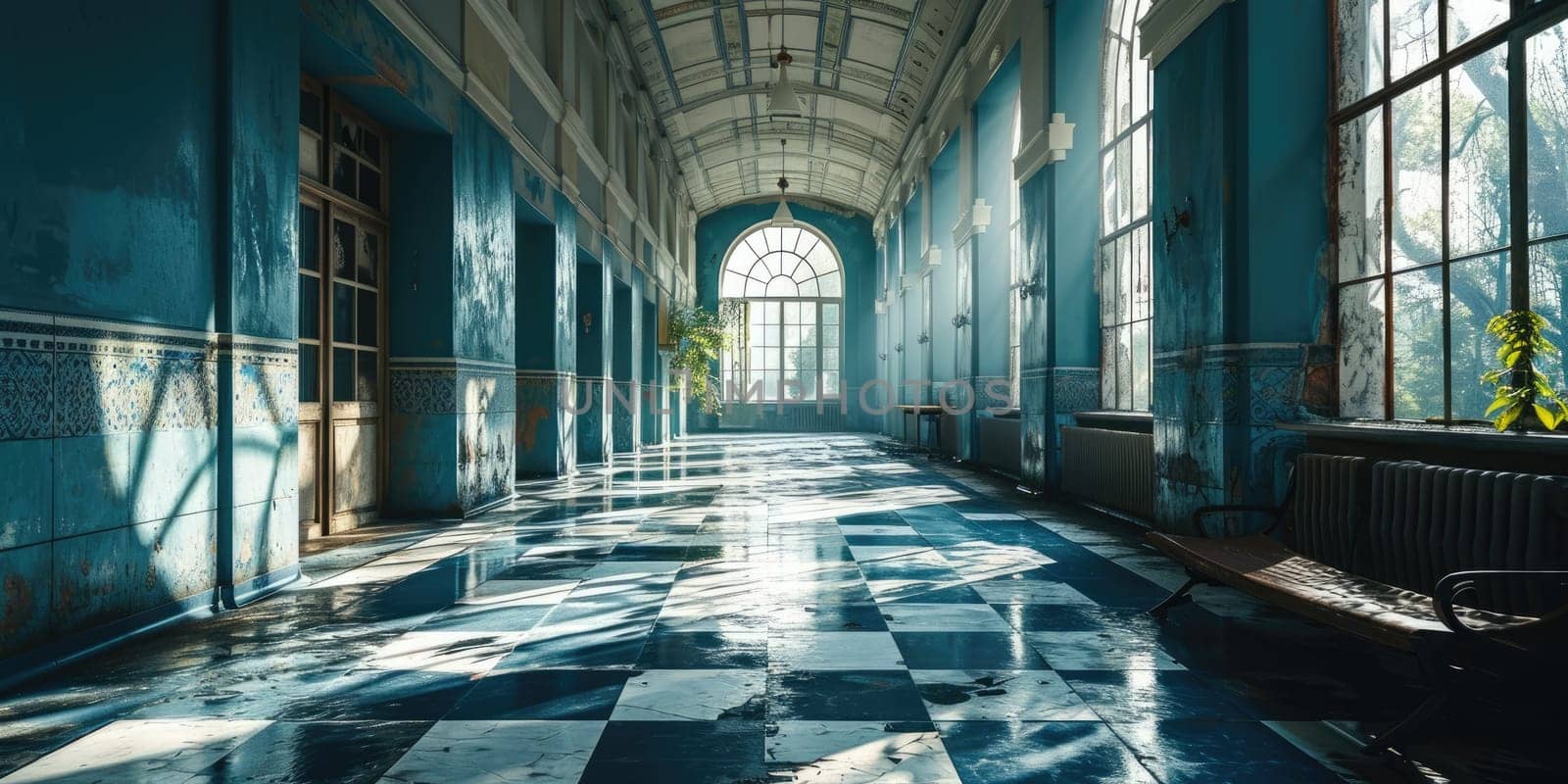 The great long hallway inside the architecture that similar to the hospital with a green tree and the bench that stay on the shiny cleaned floor that reflect a light in the brightest morning. AIGX03.